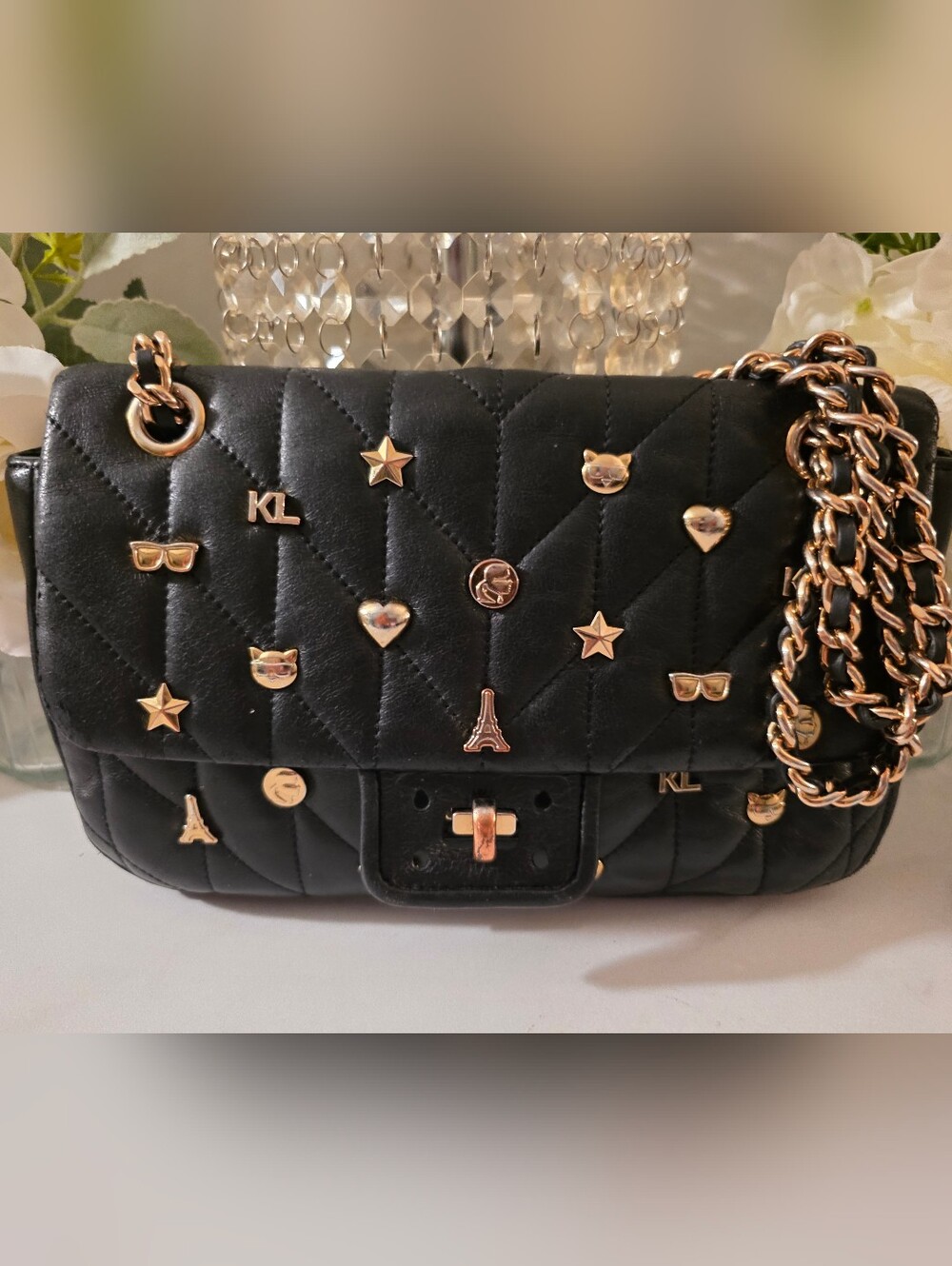 Karl Lagerfeld Black Quilted Crossbody with Gold Charm Details